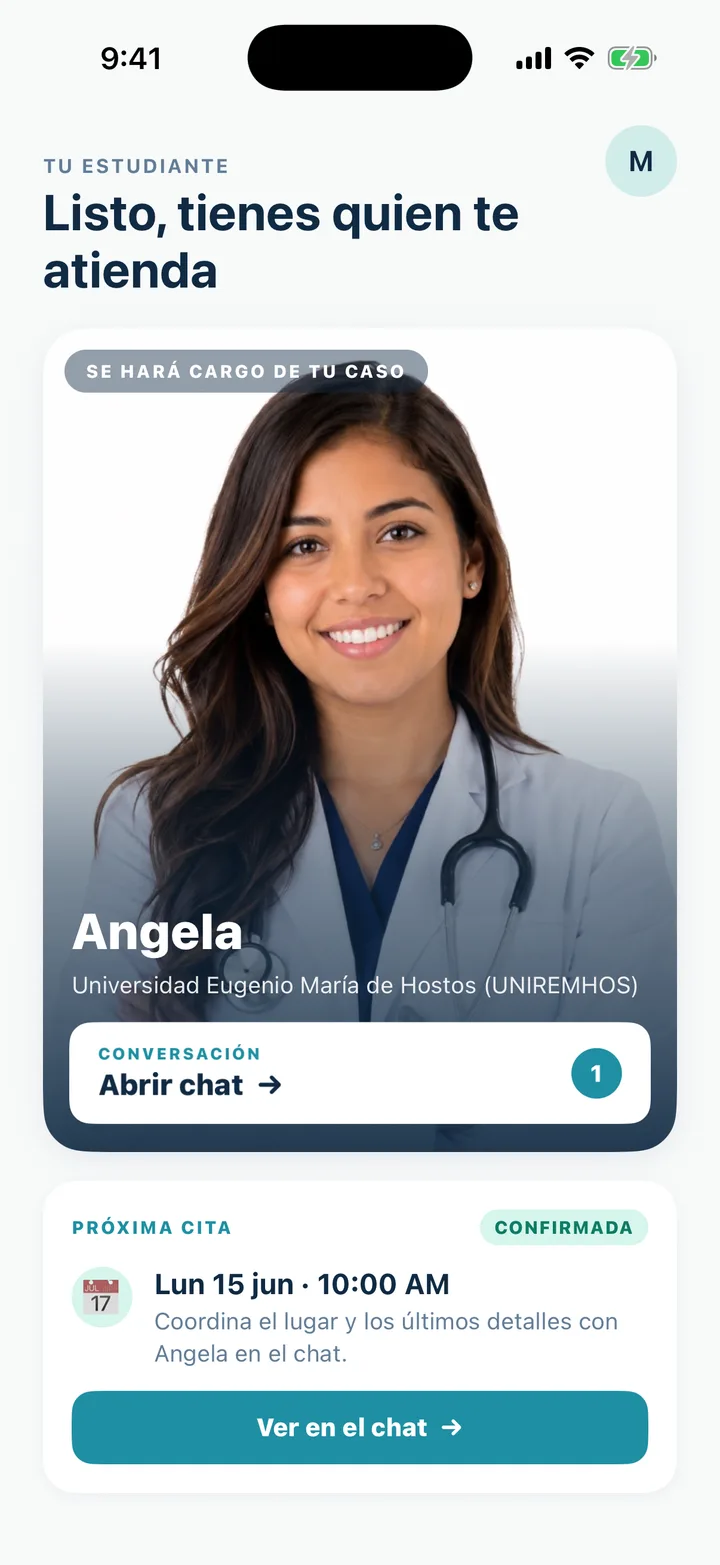 Pantalla con tu estudiante asignado