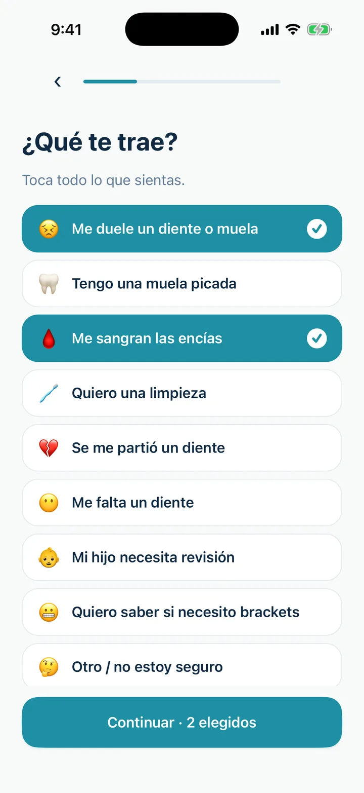 Pantalla para describir tus síntomas